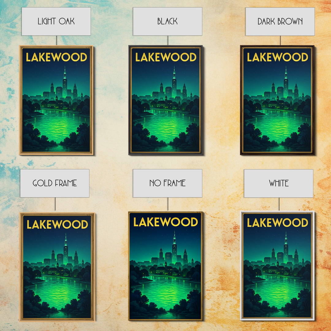Lakewood Travel Poster, Framed Canvas Print, Neon Cityscape Wall Art, Lakewood Travel Art, City Travel Prints, Vintage Travel Print