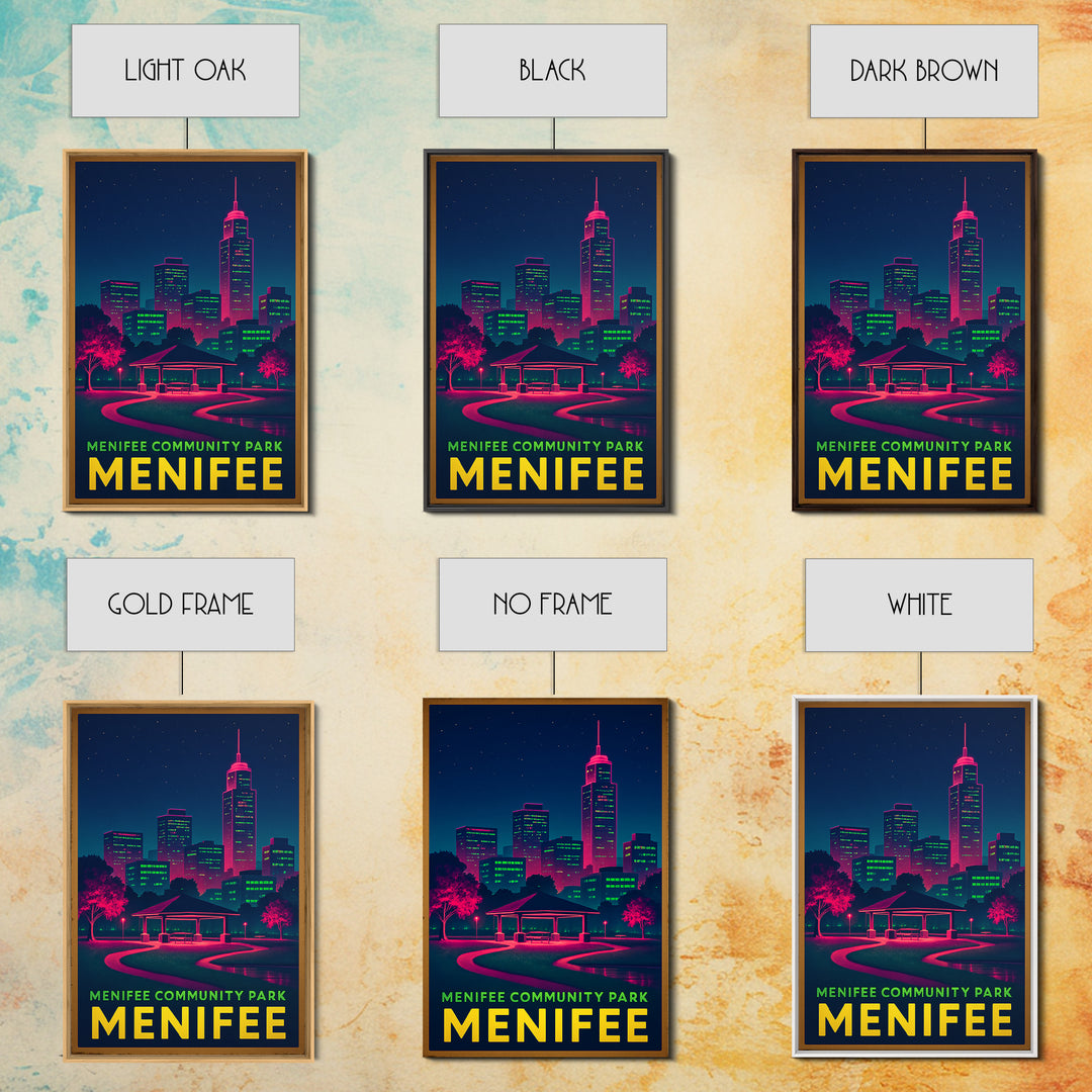 Menifee California Travel Poster, Canvas Print, Electric Night Poster Art, Menifee Travel Art, Watercolor City Skyline, City Art Print