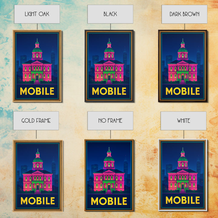 Mobile Alabama Travel Poster, Canvas Print, Retro Neon Travel Art, Mobile Wall Art, Watercolor Skyline, City Illustration, Travel Wall Decor