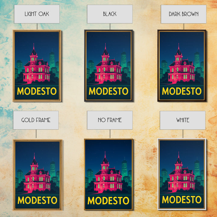 Modesto California Travel Poster, Framed Canvas Print, Cyberpunk Style City Art, Modesto Travel Art, Travel Wall Decor, Wanderlust Decor