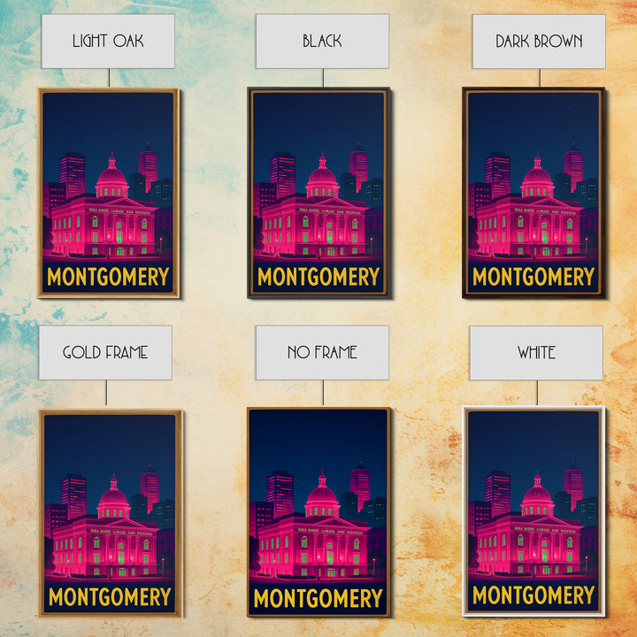 Montgomery Alabama Travel Poster, Canvas Print, Neon Urban Skyline Wall Art, Montgomery Wall Art, Gift For Travelers, Vintage City Art