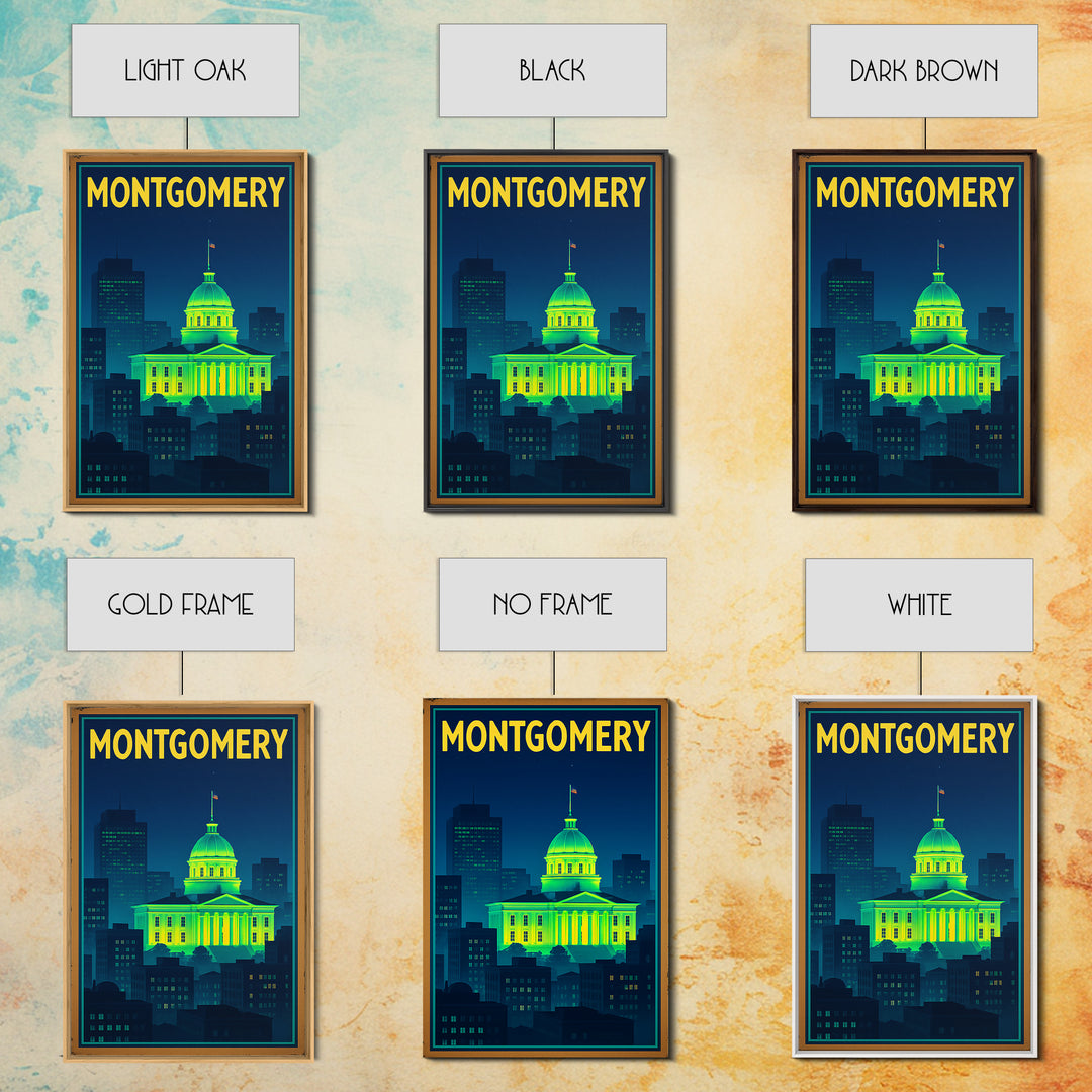 Montgomery Travel Poster, Canvas Print, Neon Downtown Skyline Wall Art, Montgomery City Art, City Illustration, City Travel Prints, Wall Art