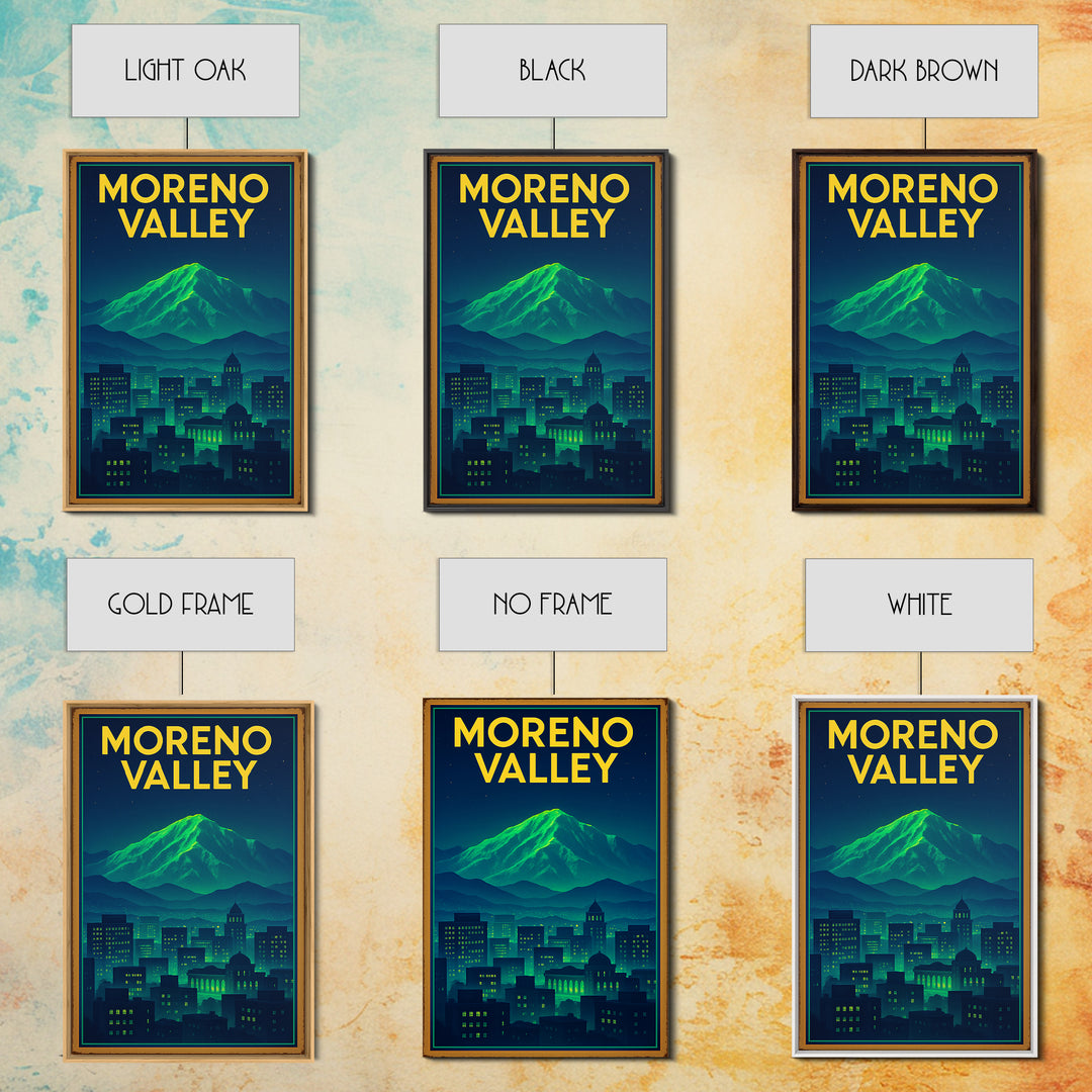 Moreno Valley Travel Poster, Canvas Print, Neon Downtown Skyline Wall Art, Moreno Valley City Art, Vintage Travel Print, Fine Art Print
