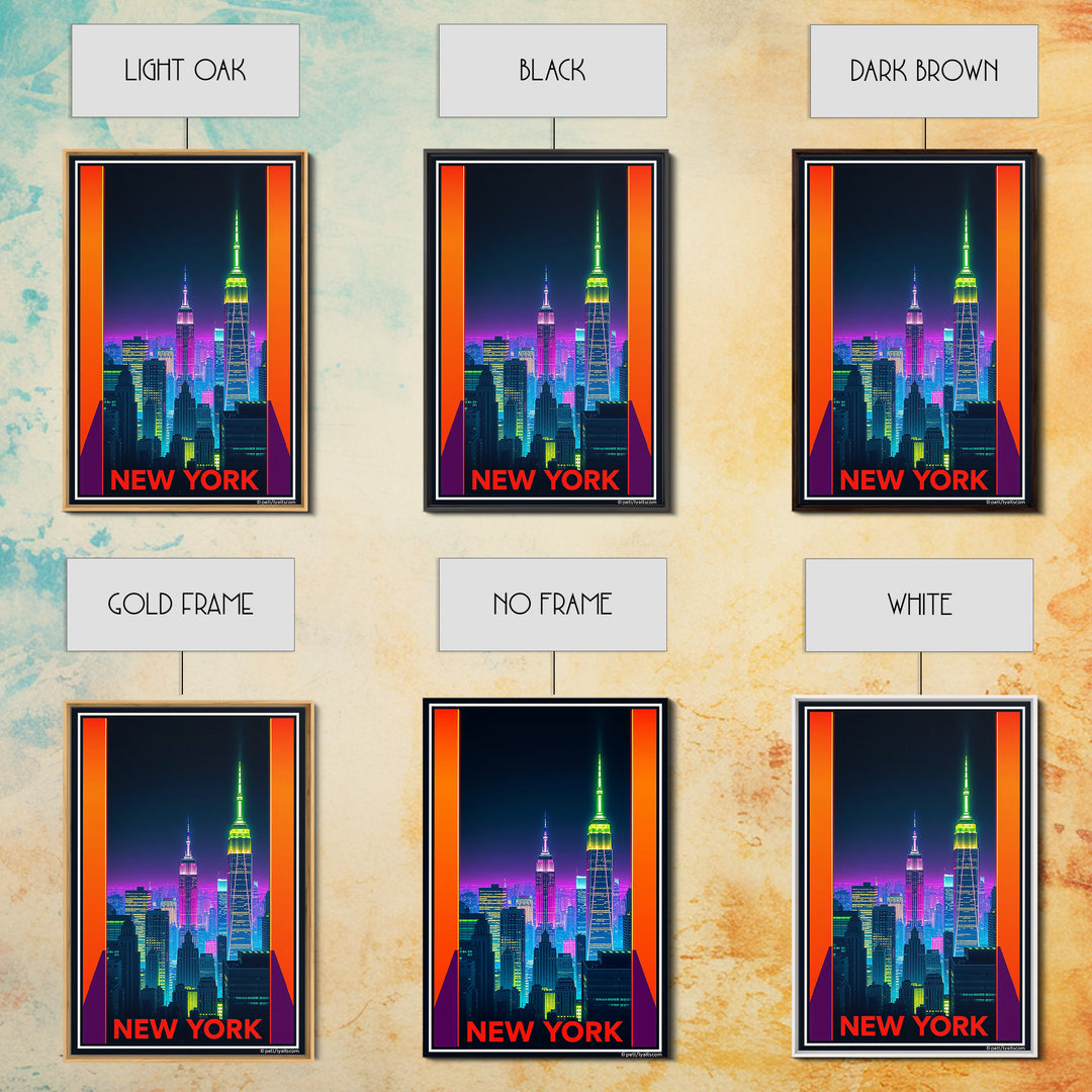 New York Travel Poster, Framed Canvas Print, Neon Skyline Art Wall Art, New York Travel Art, Vintage City Poster, Vintage City Art