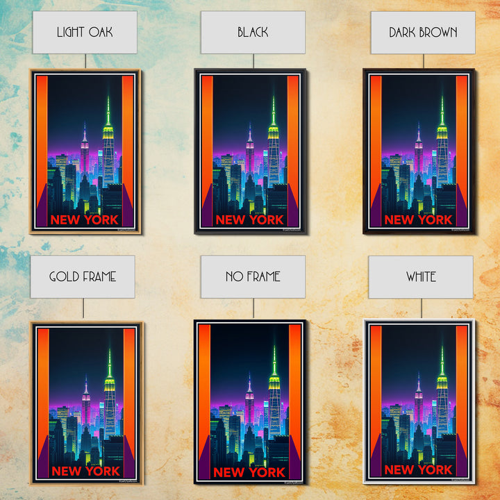 New York Travel Poster, Framed Canvas Print, Neon Skyline Art Wall Art, New York Travel Art, Vintage City Poster, Vintage City Art