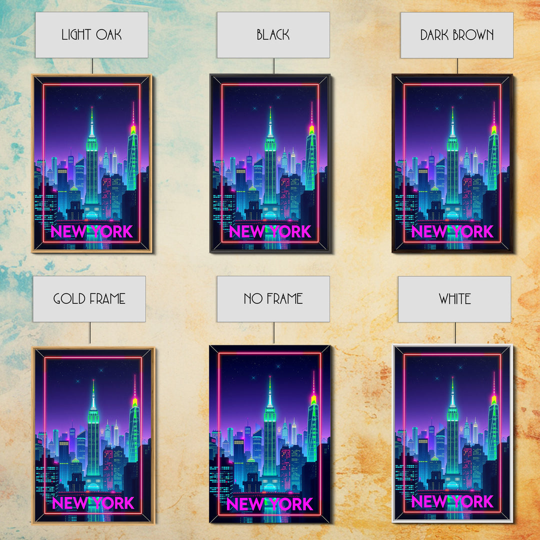 New York Travel Poster, Framed Canvas Print, Electric Night Poster Art, New York Art Print, Living Room Wall Art, Travel Poster Art
