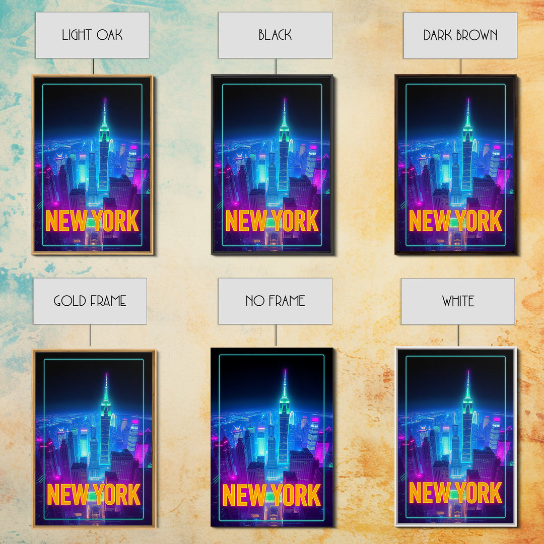 New York Travel Poster, Canvas Print, Neon Cityscape Wall Art, New York Wall Art, City Illustration, Mid Century Wall Art, City Art Print
