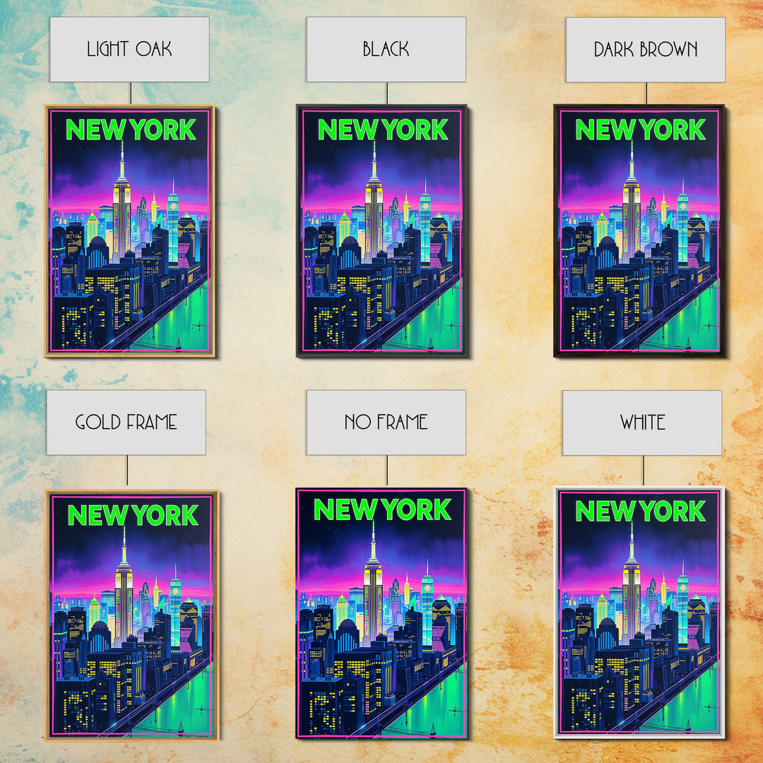New York Travel Poster, Framed Canvas Print, Retro Neon Travel Art, New York Art Print, City Travel Prints, Fine Art Print, Art Print