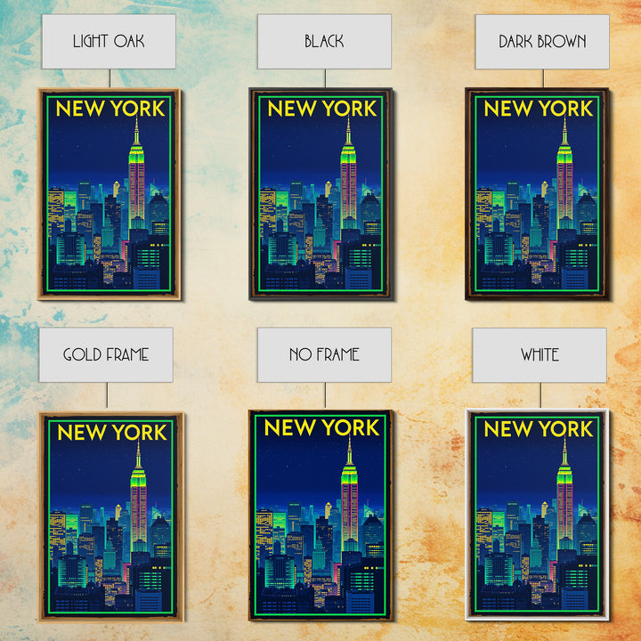 New York Travel Poster, Framed Canvas Print, Neon Downtown Skyline Wall Art, New York Wall Art, Gift For Travelers, Travel Wall Decor