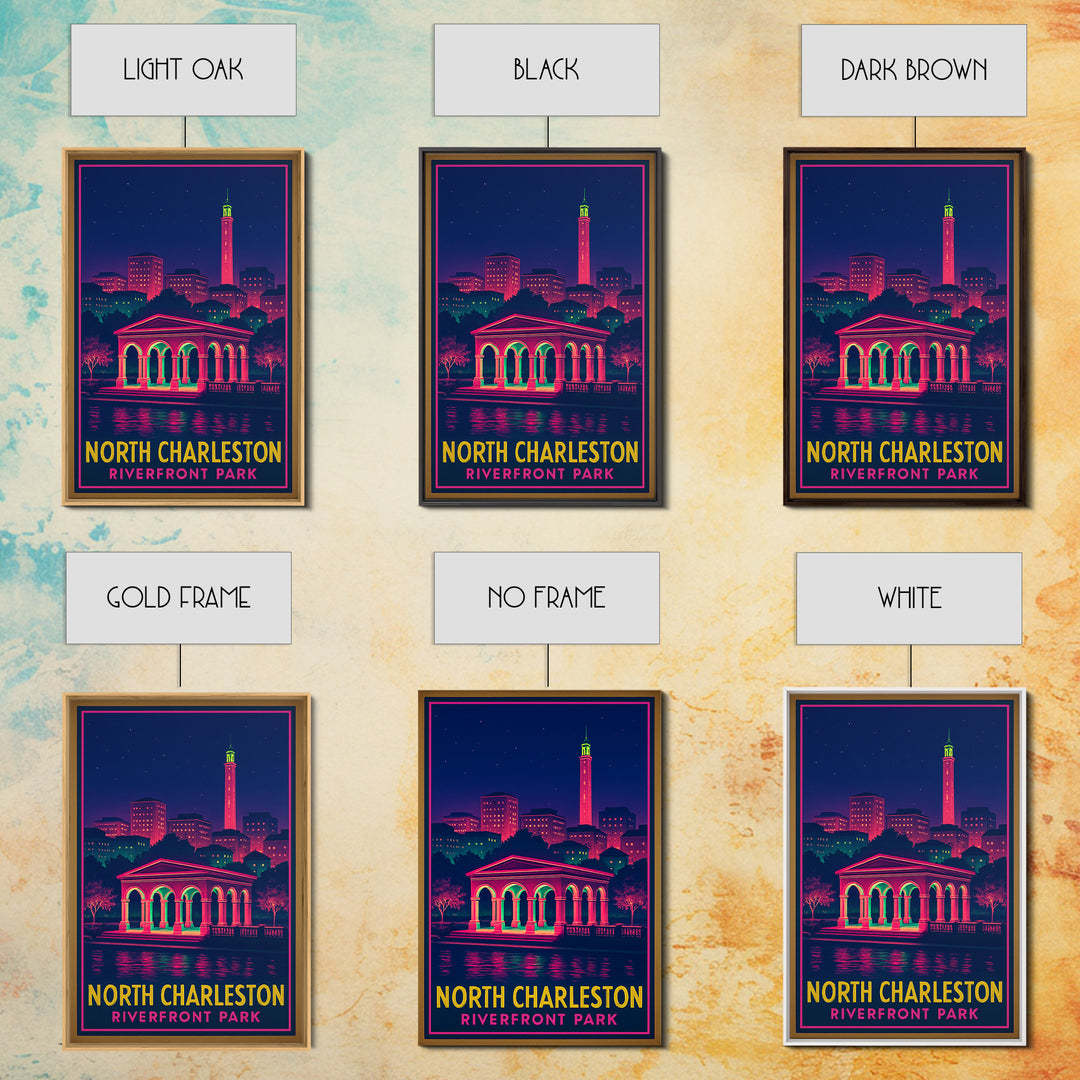 North Charleston South Carolina Travel Poster, Canvas Print, Neon Cityscape Wall Art, North Charleston Poster Print, City Illustration