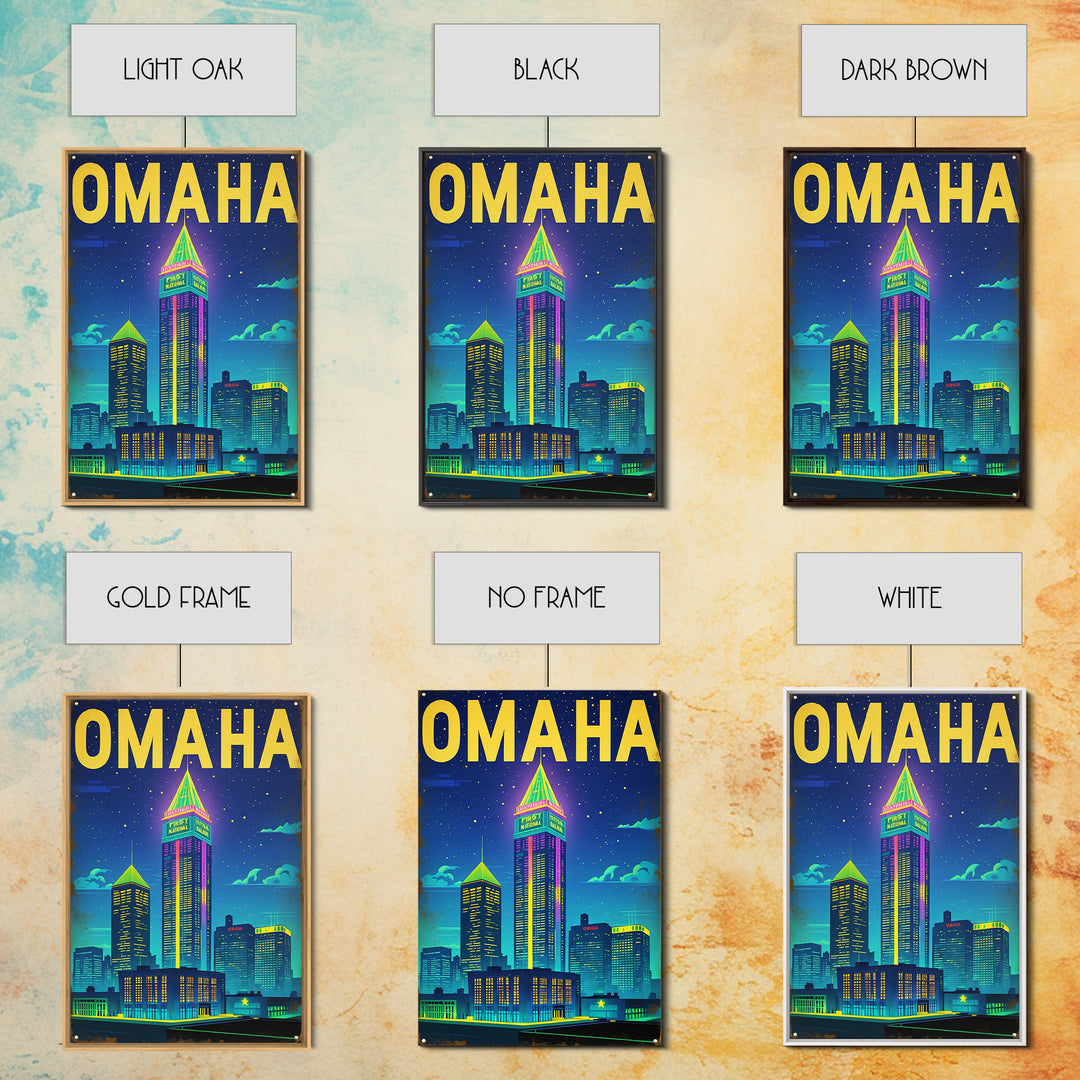 Omaha Travel Poster, Framed Canvas Print, Retro Neon Travel Art, Omaha Travel Art, Eclectic Wall Decor, City Art Print, Fine Art Print