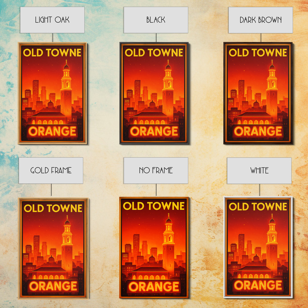 Orange Travel Poster, Framed Canvas Print, Retro Neon Travel Art, Orange Travel Art, Watercolor Downtown Skyline, Travel Poster Set