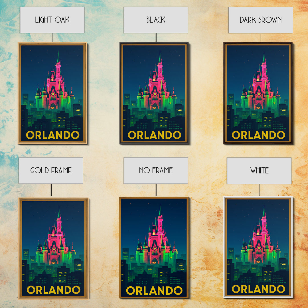 Orlando Florida Travel Poster, Canvas Print, Neon Urban Skyline Wall Art, Orlando Wall Art, Home Office Decor, Retro Travel Print, Art Print