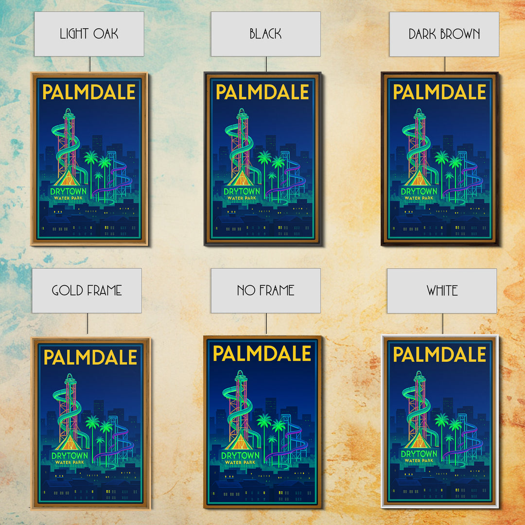 Palmdale Travel Poster, Framed Canvas Print, Neon Skyline Wall Art, Palmdale City Art, Vintage City Art, Mid Century Wall Art