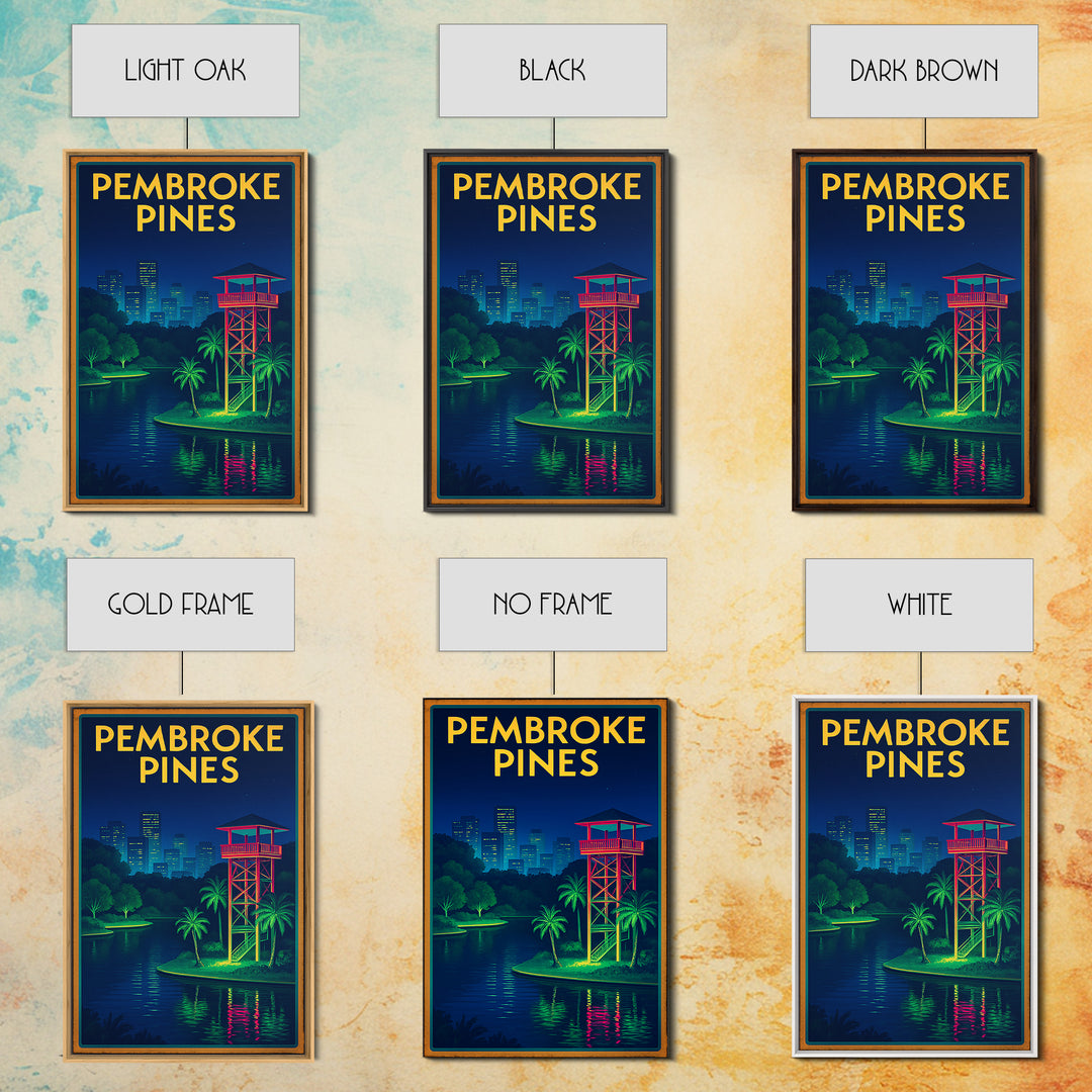 Pembroke Pines Travel Poster, Framed Canvas Print, Electric Night Poster Art, Pembroke Pines City Art, Mid Century Wall Art, Travel Gift