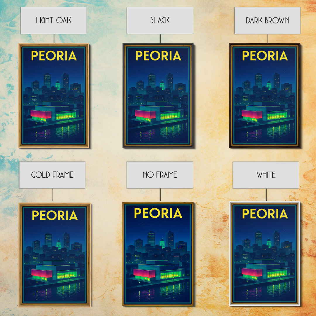 Peoria Travel Poster, Canvas Print, Retro Neon Travel Art, Peoria Art Print, Watercolor Skyline, City Art Print, Living Room Wall Art