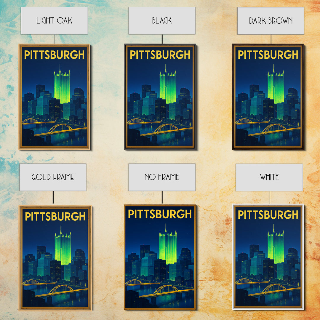 Pittsburgh Travel Poster, Framed Canvas Print, Electric Night Poster Art, Pittsburgh Art Print, Vintage City Poster, Vintage Travel Art