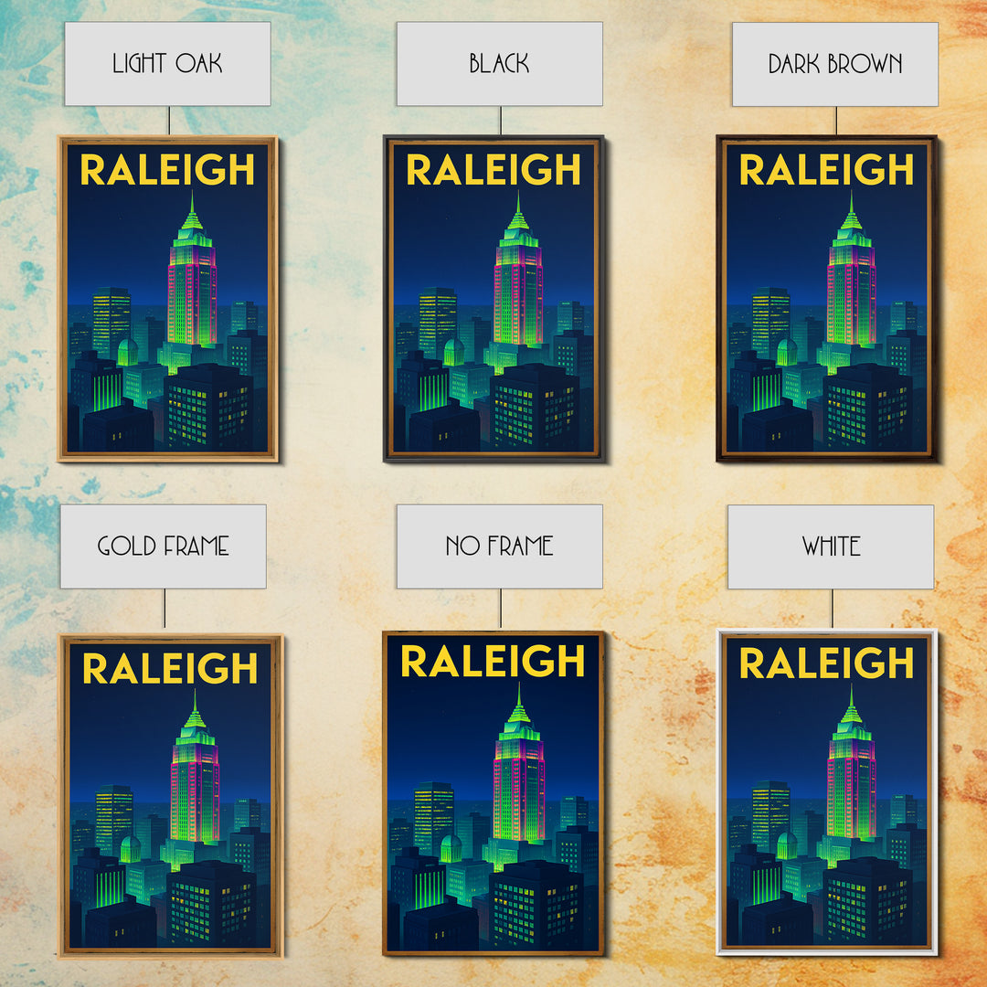 Raleigh Travel Poster, Framed Canvas Print, Retro Neon Travel Art, Raleigh Travel Art, Travel Poster Set, Gift For Travelers, Home Decor