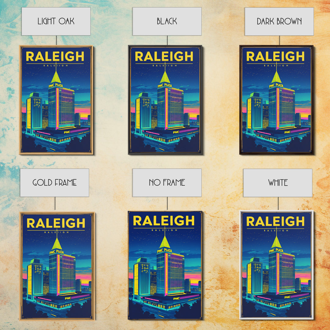 Raleigh Travel Poster, Framed Canvas Print, Electric Night Poster Art, Raleigh Art Print, Vintage Travel Art, City Illustration