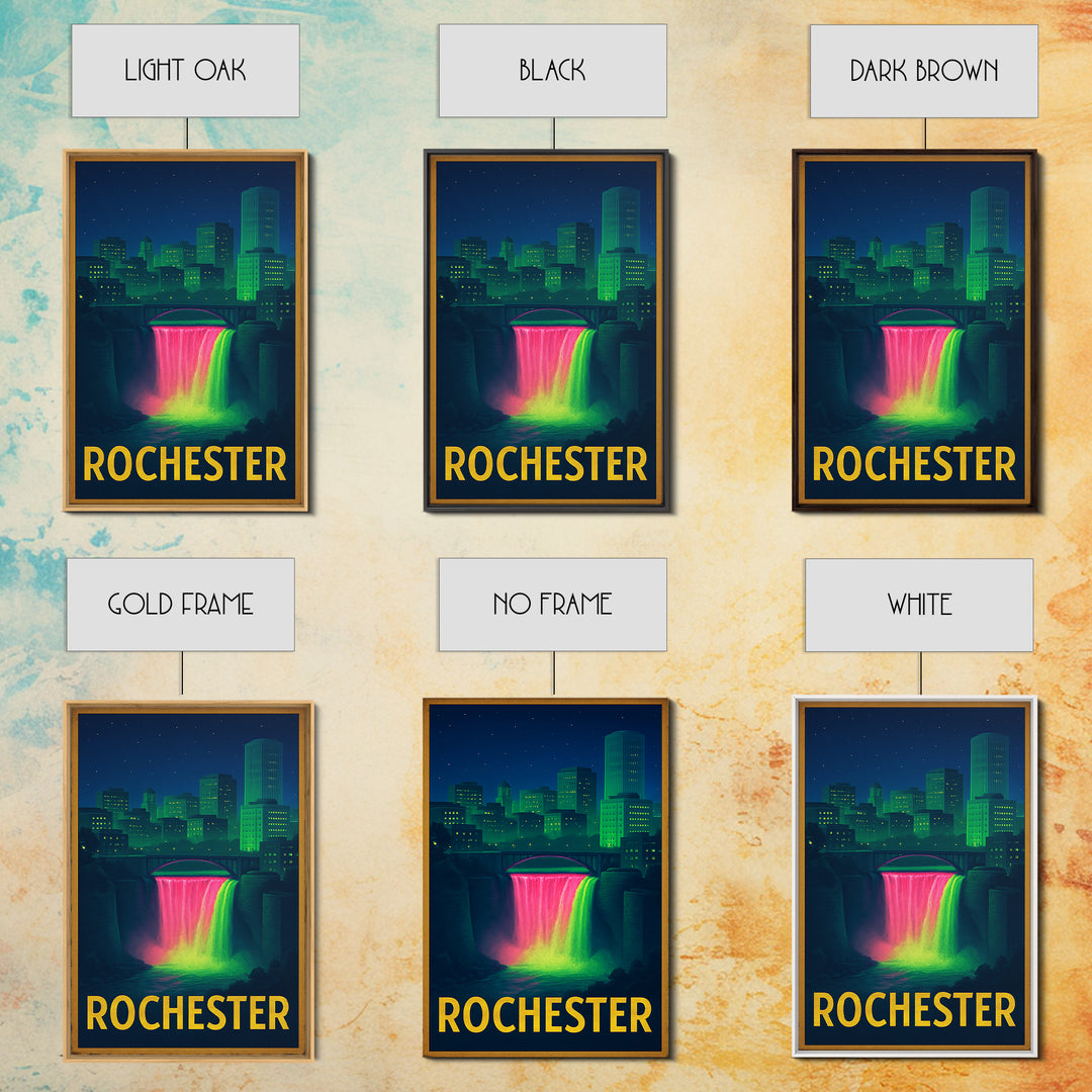 Rochester New York Travel Poster, Framed Canvas Print, Retro Neon Travel Art, Rochester Art Print, Mid Century Wall Art, Eclectic Wall Decor