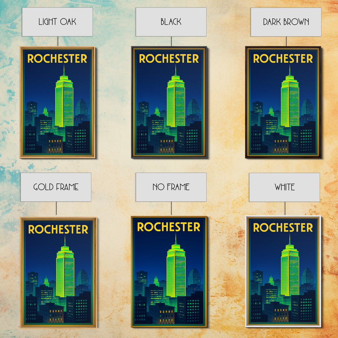 Rochester Travel Poster, Framed Canvas Print, Electric Night Poster Art, Rochester Travel Art, Wanderlust Decor, Watercolor Skyline Art