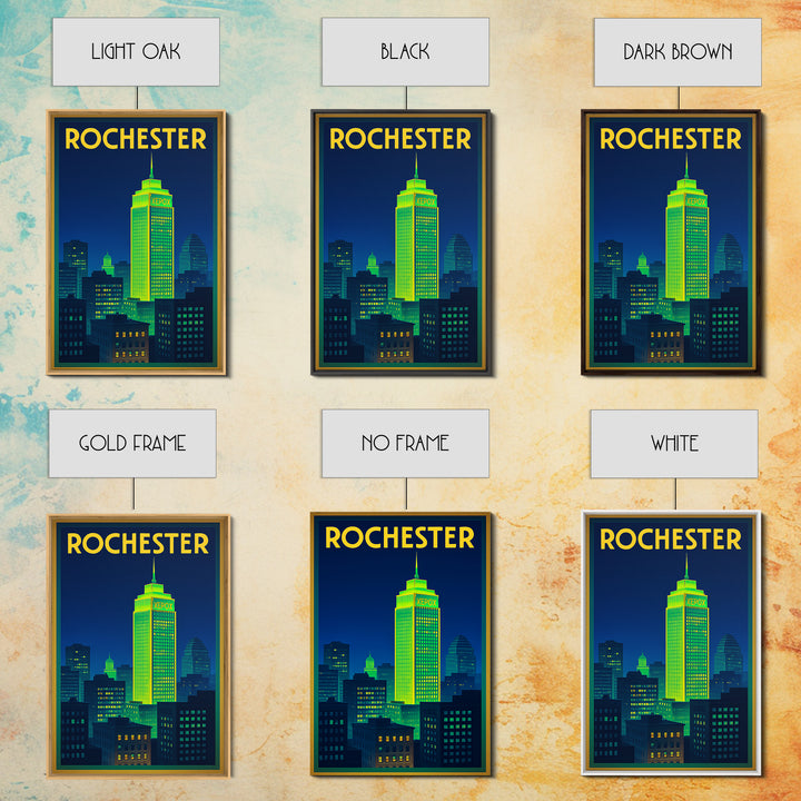 Rochester Travel Poster, Framed Canvas Print, Electric Night Poster Art, Rochester Travel Art, Wanderlust Decor, Watercolor Skyline Art