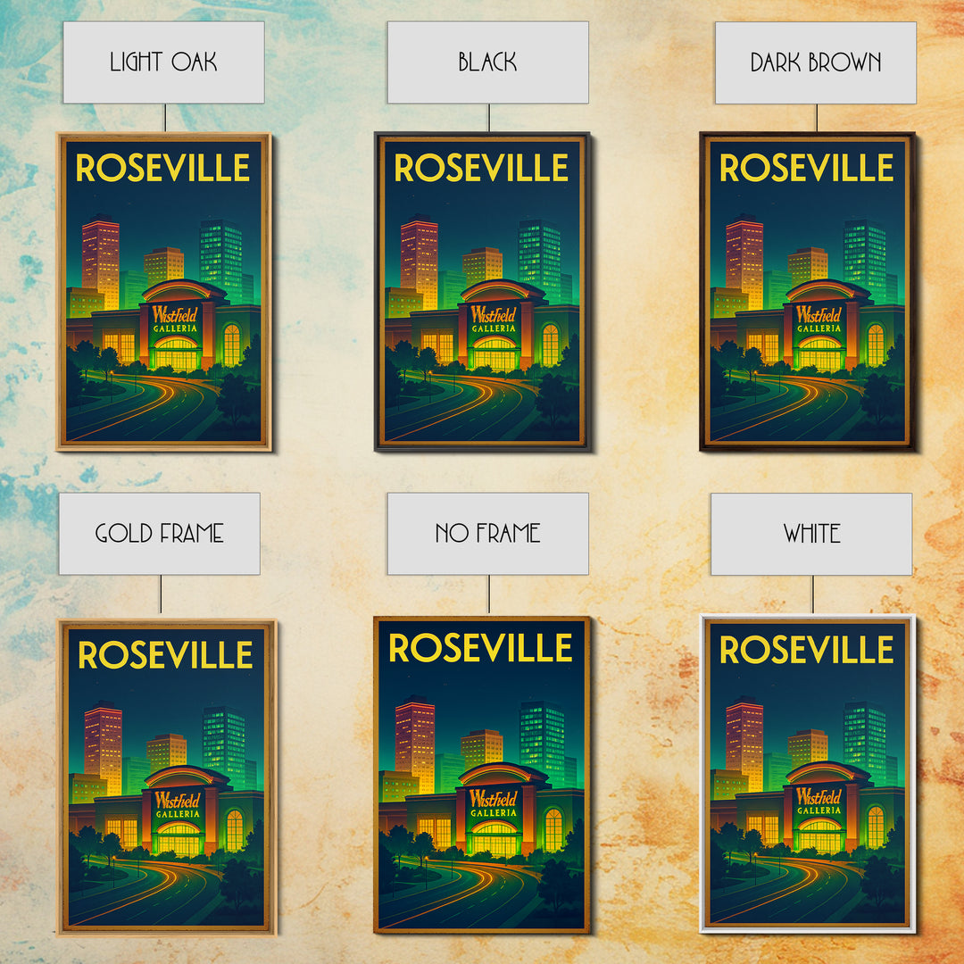 Roseville Travel Poster, Framed Canvas Print, Neon Skyline Art Wall Art, Roseville Poster Print, Home Office Decor, City Illustration
