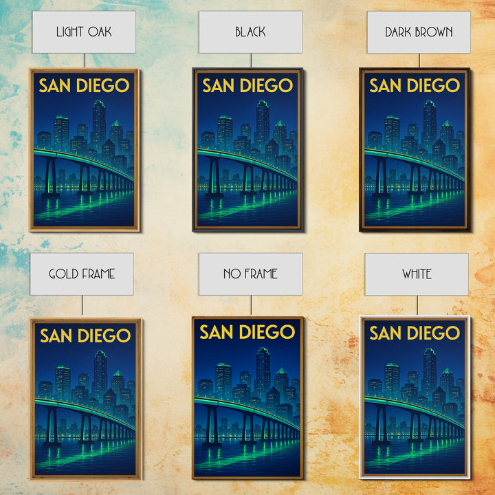 San Diego Travel Poster, Framed Canvas Print, Electric Night Poster Art, San Diego Wall Art, Retro Travel Print, Travel Wall Art