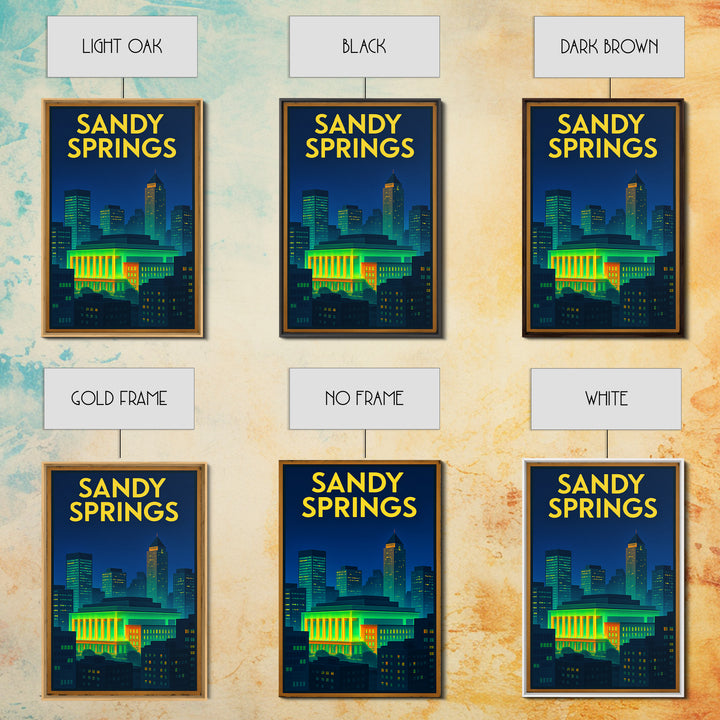 Sandy Springs Travel Poster, Canvas Print, Retro Neon Travel Art, Sandy Springs Travel Art, Travel Poster Set, Watercolor Downtown Skyline