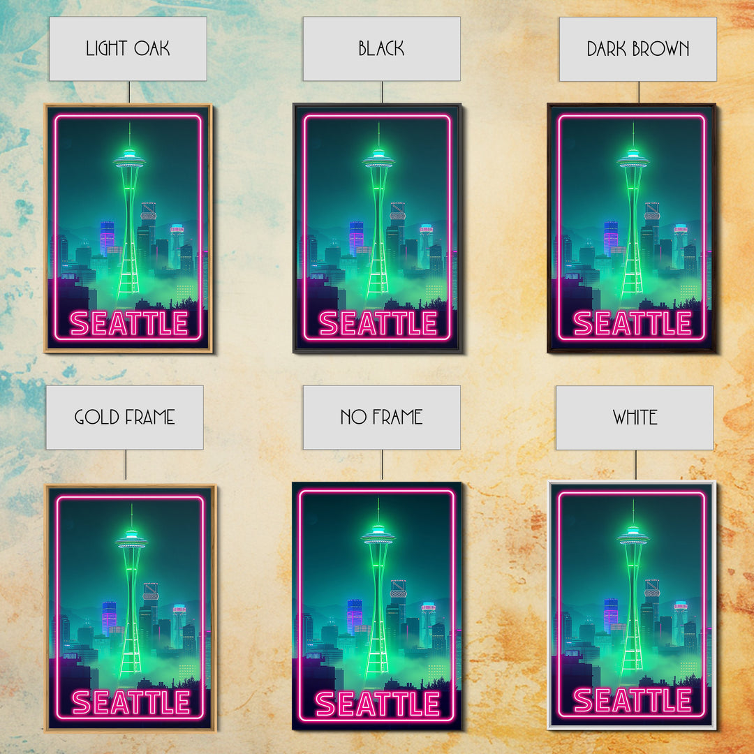 Seattle Travel Poster, Canvas Print, Electric Night Poster Art, Seattle Art Print, Vintage City Poster, Retro Travel Print, City Poster