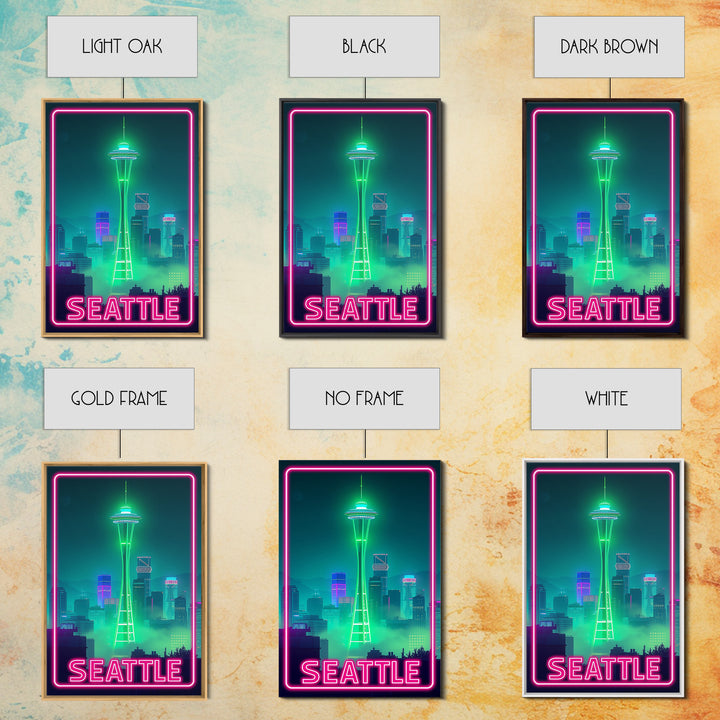 Seattle Travel Poster, Canvas Print, Electric Night Poster Art, Seattle Art Print, Vintage City Poster, Retro Travel Print, City Poster
