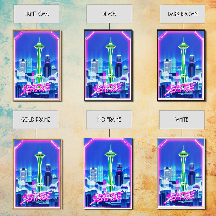 Seattle Travel Poster, Canvas Print, Cyberpunk Style City Art, Seattle City Art, Watercolor Skyline, City Travel Prints, Travel Wall Art