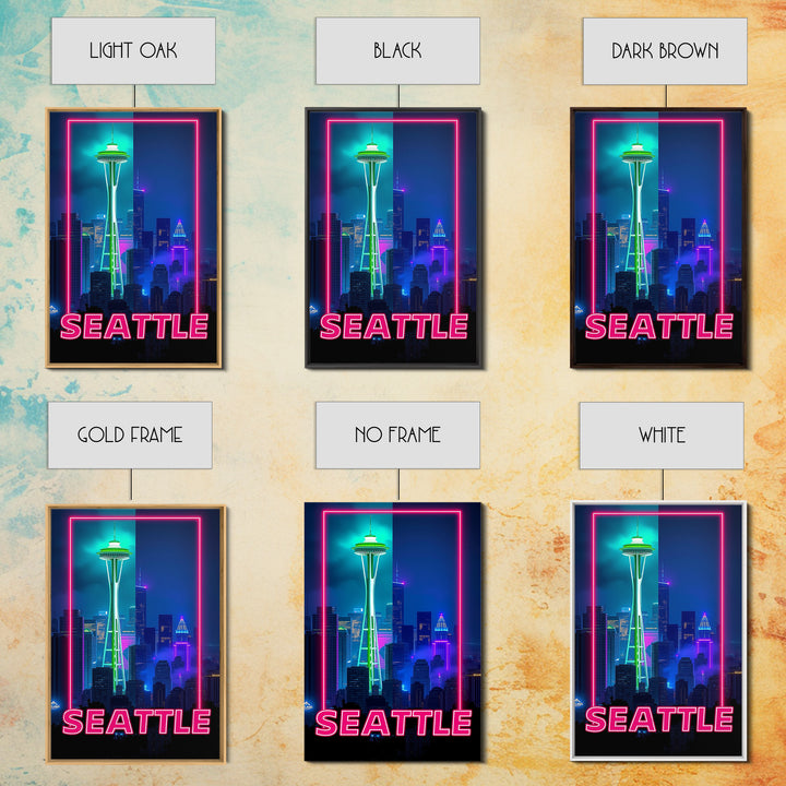 Seattle Travel Poster, Framed Canvas Print, Retro Neon Travel Art, Seattle City Art, Modern Wall Decor, Travel Wall Decor, Fine Art Print