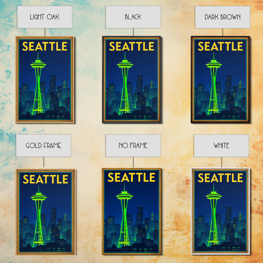 Seattle Travel Poster, Framed Canvas Print, Cyberpunk Style City Art, Seattle City Art, Wanderlust Decor, Retro Travel Print, Design 6