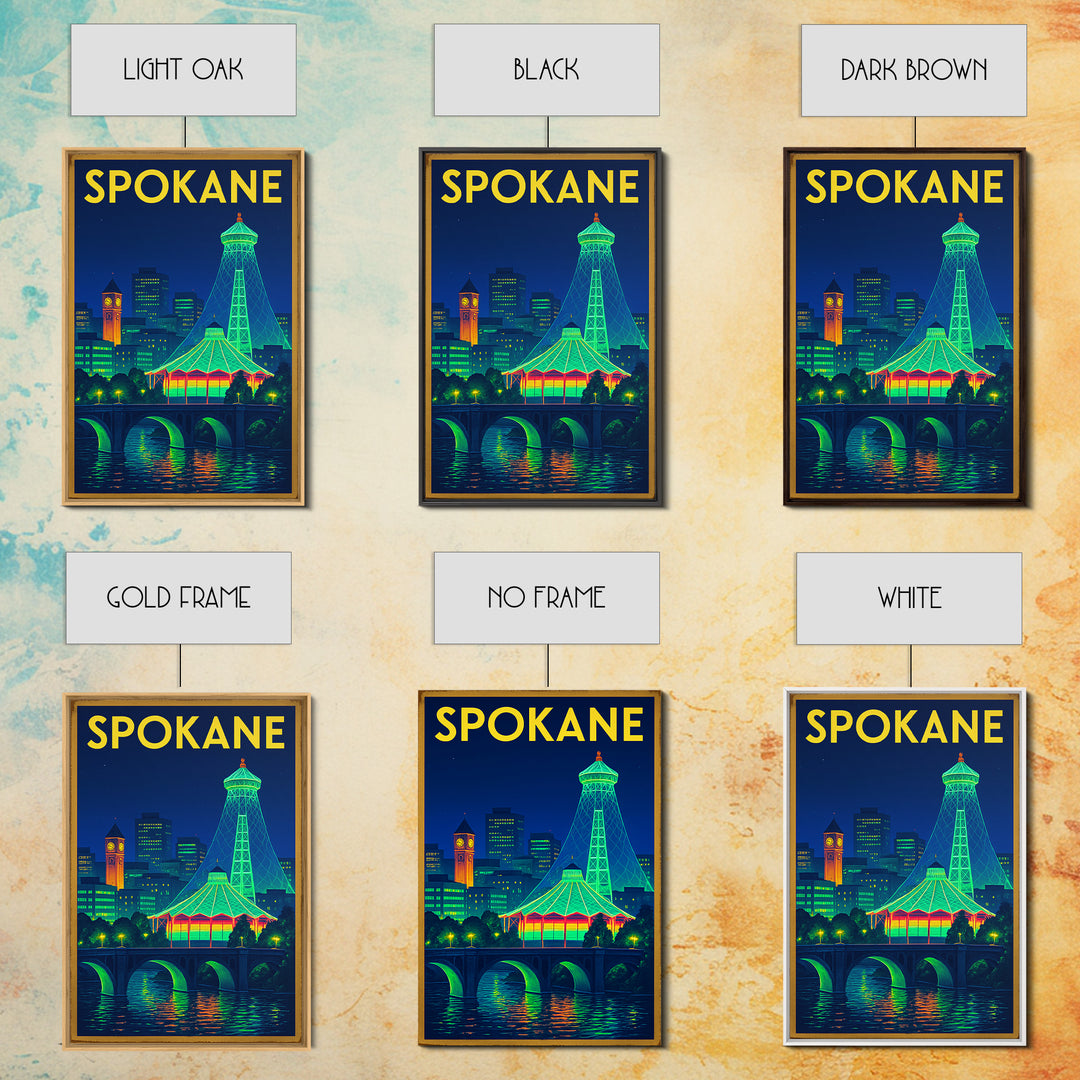 Spokane Travel Poster, Framed Canvas Print, Neon Skyline Wall Art, Spokane Travel Art, Travel Poster Set, Eclectic Wall Decor