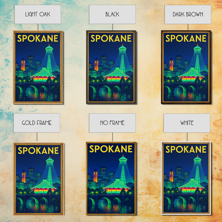 Spokane Travel Poster, Framed Canvas Print, Neon Skyline Wall Art, Spokane Travel Art, Travel Poster Set, Eclectic Wall Decor
