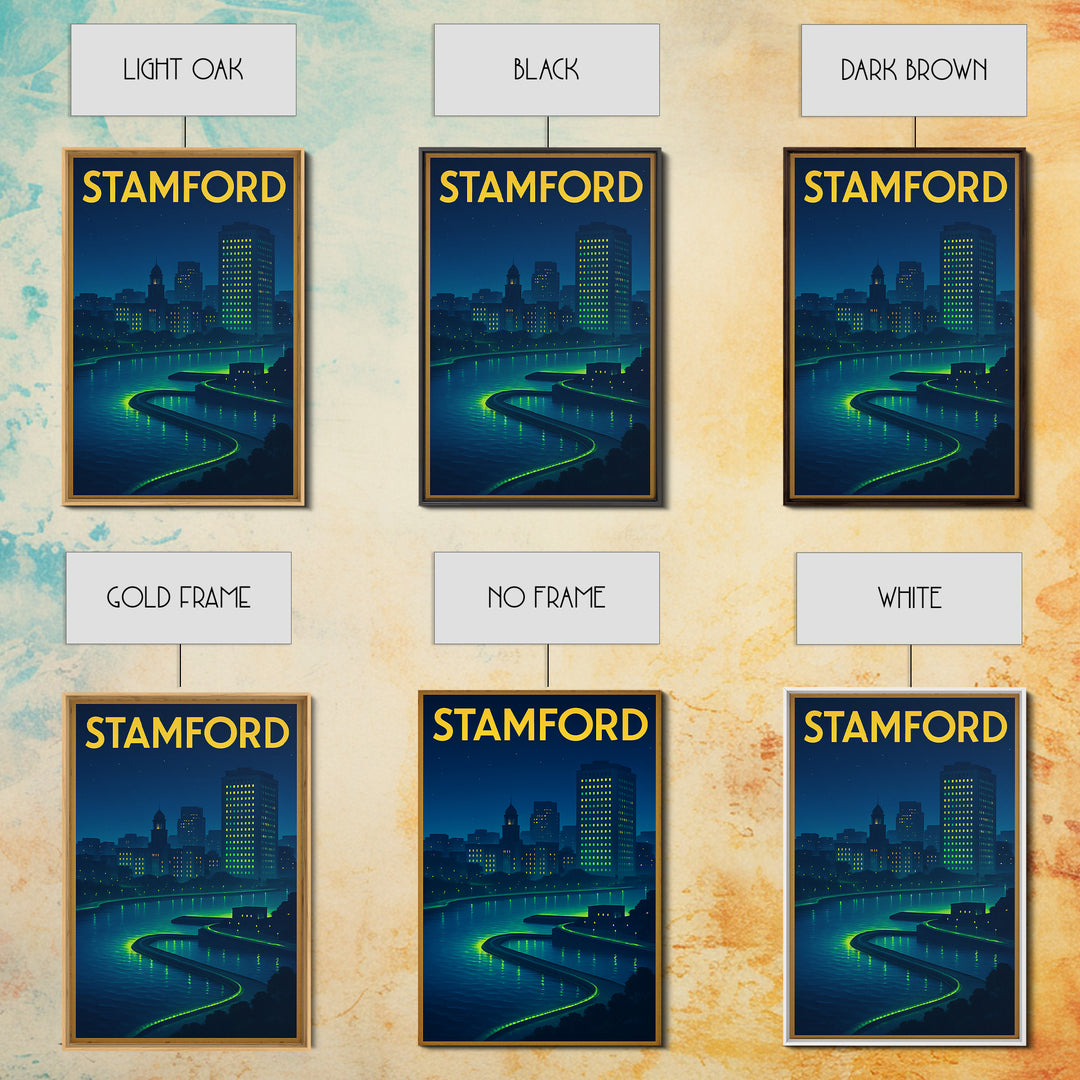 Stamford Travel Poster, Framed Canvas Print, Electric Night Poster Art, Stamford Travel Art, Travel Wall Decor, Travel Wall Art