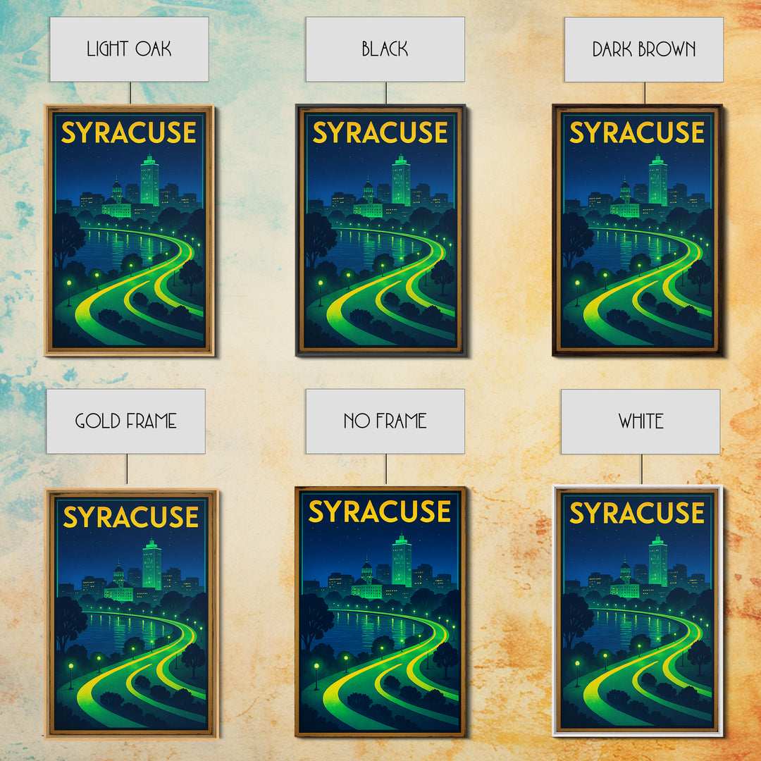 Syracuse Travel Poster, Framed Canvas Print, Neon City Skyline Wall Art, Syracuse Travel Art, Travel Art Print, Vintage Travel Print