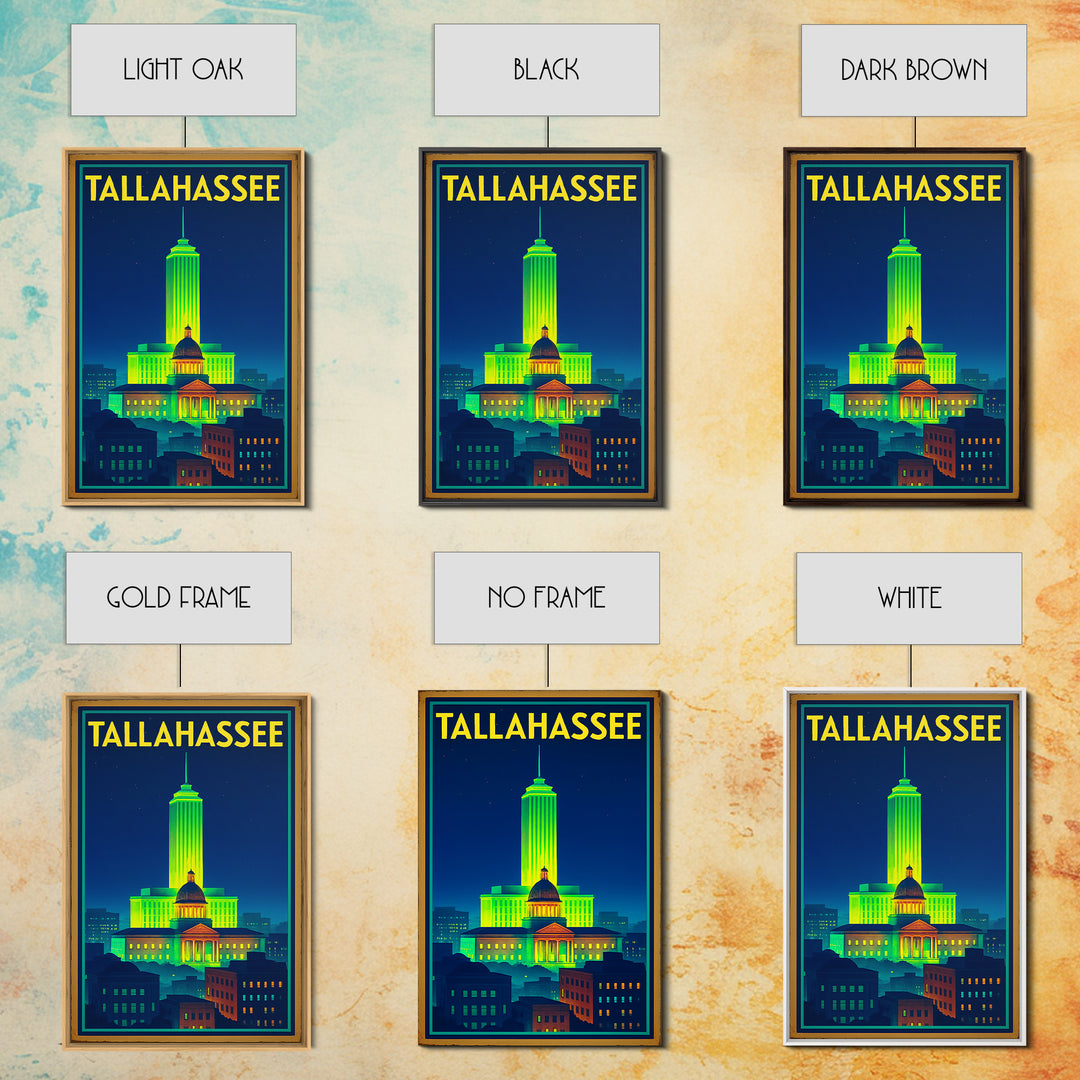 Talahassee Travel Poster, Framed Canvas Print, Neon Downtown Skyline Wall Art, Talahassee Art Print, Gift For Travelers, Vintage City Poster