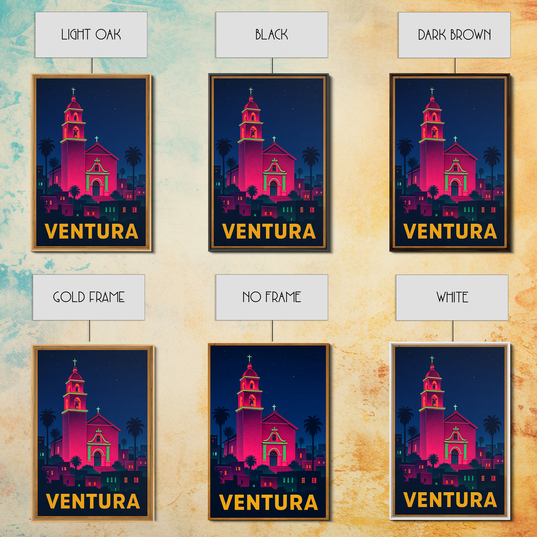 Ventura California Travel Poster, Canvas Print, Neon Skyline Art Wall Art, Ventura Art Print, Wall Decor, City Illustration, Home Decor