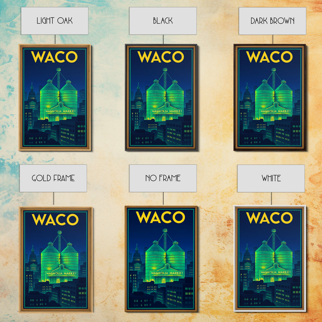 Waco Travel Poster, Framed Canvas Print, Electric Night Poster Art, Waco Travel Art, Watercolor Cityscape, Travel Wall Art, Poster Print