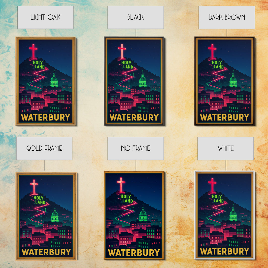 Waterbury Travel Poster, Framed Canvas Print, Neon Skyline Wall Art, Waterbury Art Print, Fine Art Print, Vintage Travel Art