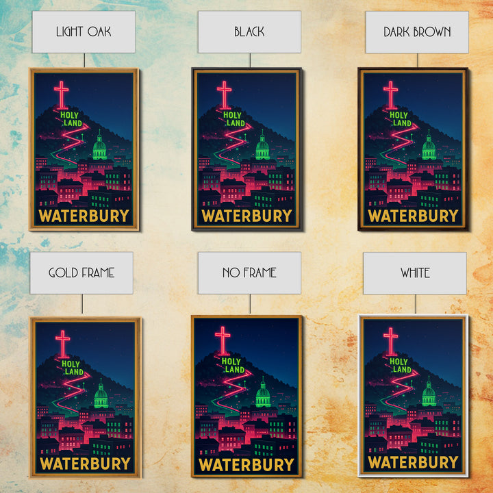 Waterbury Travel Poster, Framed Canvas Print, Neon Skyline Wall Art, Waterbury Art Print, Fine Art Print, Vintage Travel Art
