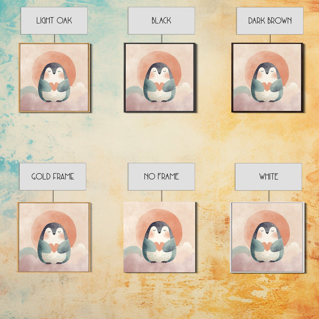 Penguin Holding a Little Heart Shape Canvas Print, Nursery Art, Watercolor Print, Nursery Decor, Abstract Art, Nursery, NUR-1x1-10