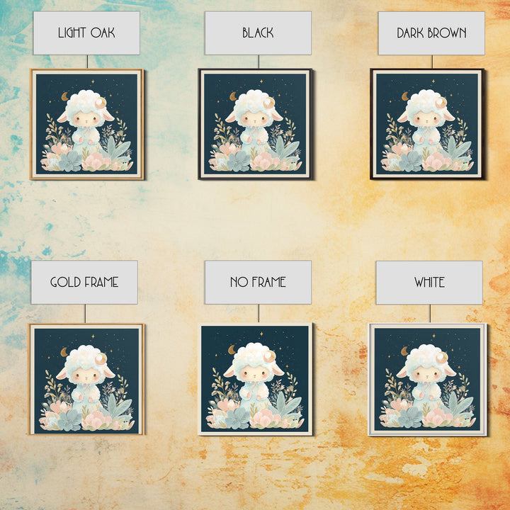 Little Lamb under a Starry Sky Framed Canvas Print, Nursery Art, Woodland Nursery, Nursery Decor, Oil Painting, Nursery, NUR-1x1-43