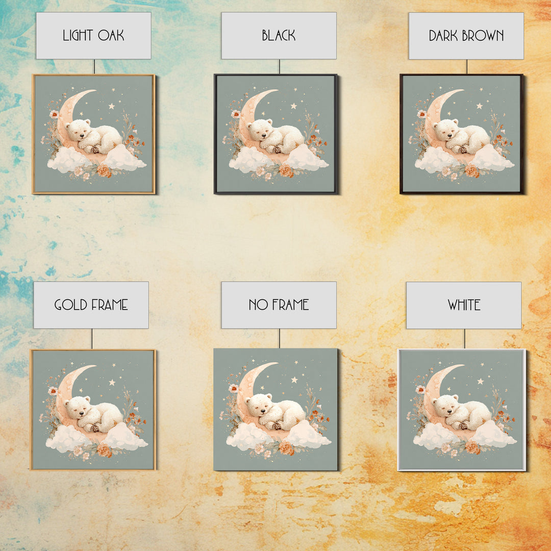 Baby Bear Floating on a Crescent Moon Framed Canvas Print, Nursery Art, Home Decor, Nursery Decor, Fine Art, Nursery, NUR-1x1-78