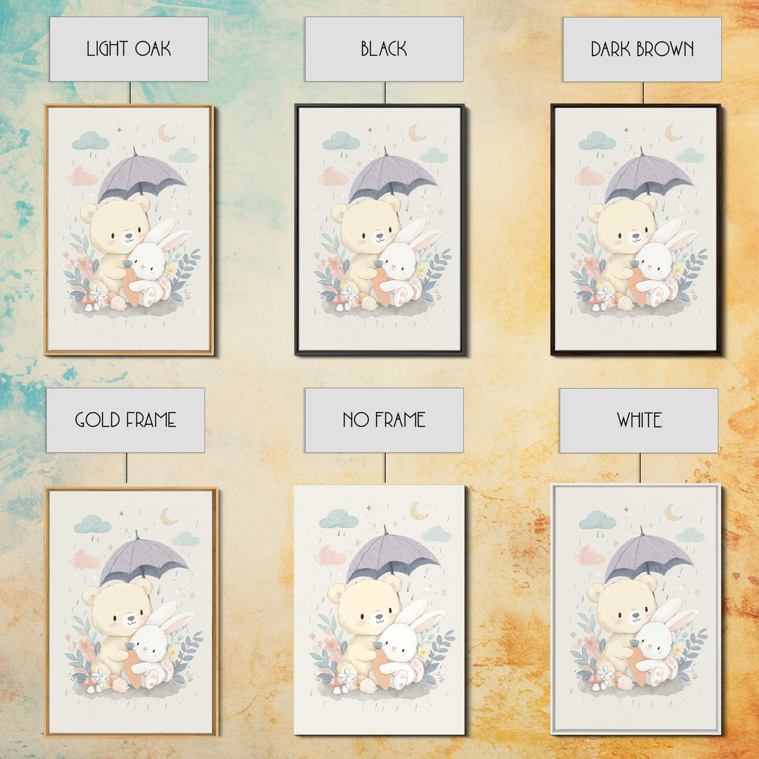 Bear and Rabbit Sharing Umbrella Framed Canvas Print, Nursery Art, Wall Art, Nursery Decor, Fine Art, Nursery, Nursery Prints, NUR-2x3-1