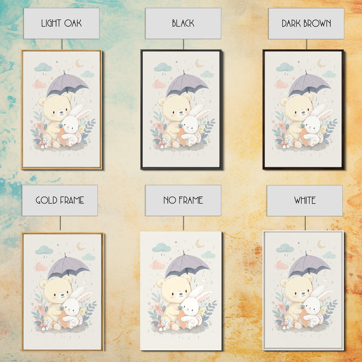 Bear and Rabbit Sharing Umbrella Framed Canvas Print, Nursery Art, Wall Art, Nursery Decor, Fine Art, Nursery, Nursery Prints, NUR-2x3-1