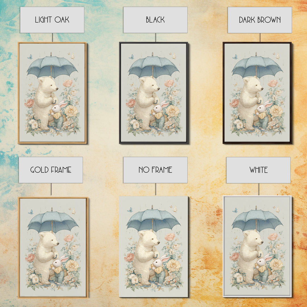 Bear and Rabbit Sharing Umbrella Framed Canvas Print, Nursery Art, Wall Art, Nursery Decor, Fine Art, Nursery, Nursery Prints, NUR-2x3-25