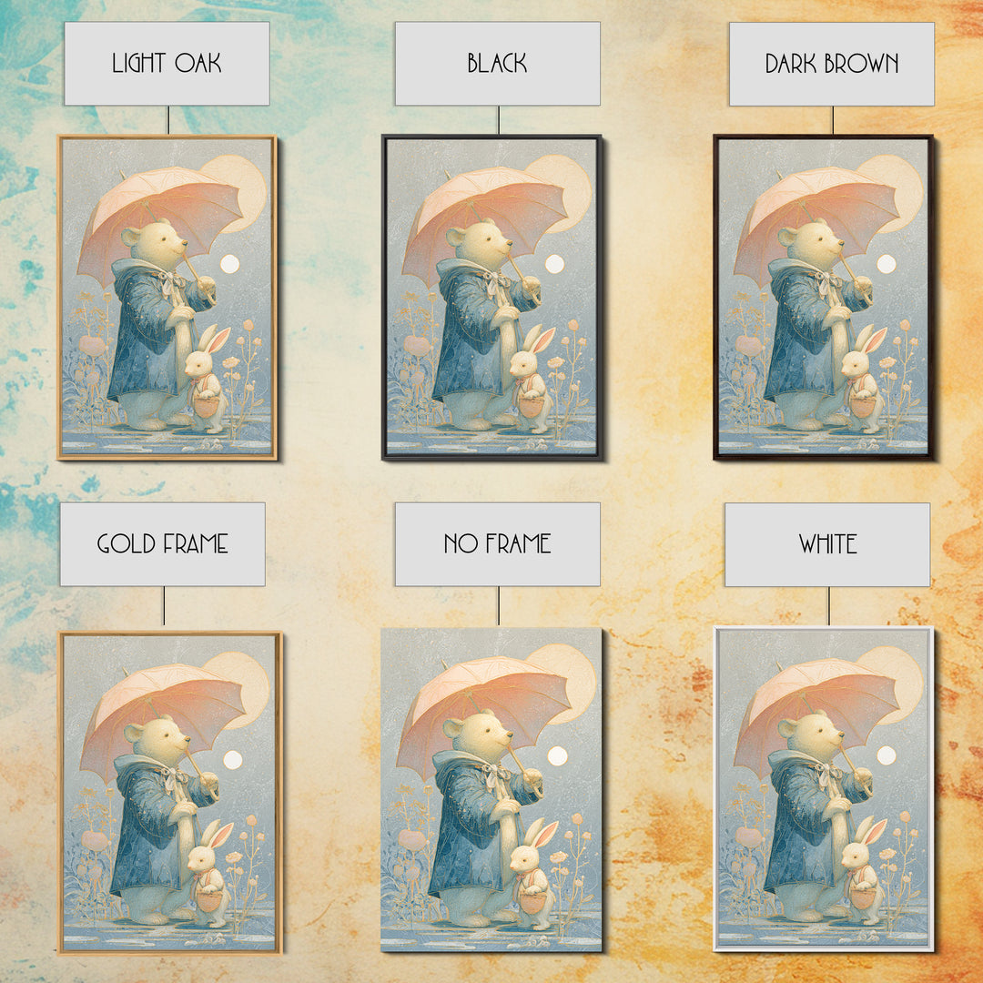 Bear and Rabbit Sharing Umbrella Canvas Print, Nursery Art, Nursery Decor, Fine Art, Nursery, Kids Wall Art, Woodland Nursery, NUR-2x3-49